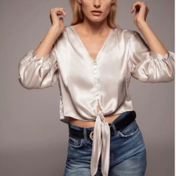 Zara Satin Effect Front Tie Knot Button Up Crop Top - Picture 9 of 9